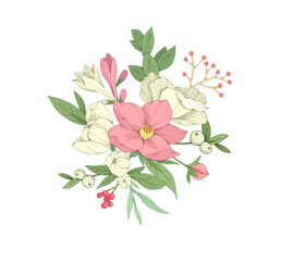 Botanic set of detailed various flowers and brunch. Luxury vintage floral collection for wedding invitation, wallpaper art or save the date card