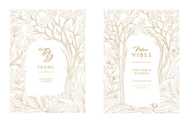 Set of frame illustrated with landscape and floral elements. Elegant collection of brochures for wedding invitation, wallpaper art or save the date card. Editable stroke