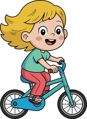 Cartoon girl riding bicycle smiling cheerfully outdoor activity healthy lifestyle cute cheerful kid enjoying bike ride illustration for children's books educational materials recreational activities p