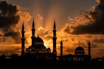 Silhouetted mosque against an orange sunset with a crescent moon peeking through the clouds