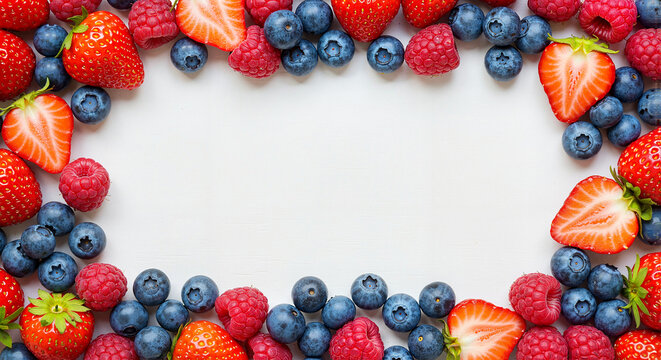 Mixed berries arranged on white background for fresh dessert decoration  