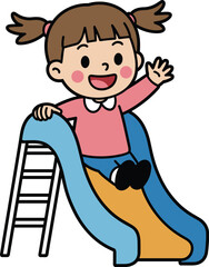 Happy cartoon girl sliding down colorful slide at playground waving cheerfully playful child having fun outdoors in sunny weather kids activity illustration for children's books educational materials