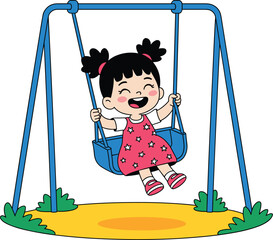 Happy cartoon girl swinging on playground swing set cute cheerful child having fun outdoors in park illustration for kids activities preschool education recreational advertising joyful childhood conce