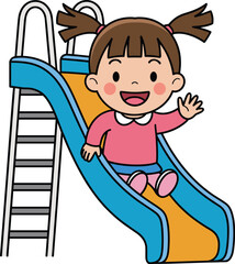 Cheerful cartoon girl sliding down colorful playground slide waving hand happy kid having fun active childhood joy preschool kindergarten illustration for children's books educational materials school