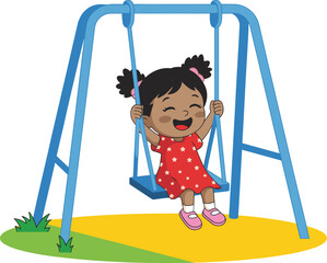 Happy cartoon girl swinging on playground swing set illustration joyful child having fun outdoors in summer park activity cheerful kid enjoying recreation playtime drawing for children's book educatio
