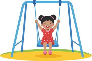 Happy cartoon girl swinging high on playground swing set having fun outside in summer cheerful child character illustration for early childhood education learning materials recreational activity playt