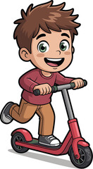 Cartoon boy riding red scooter happy energetic child having fun outdoors active lifestyle illustration for children's books educational materials and recreational activity promotions joyful childhood