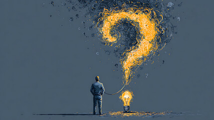 Man facing a giant fiery question mark emanating from a lightbulb, conceptual high resolution image