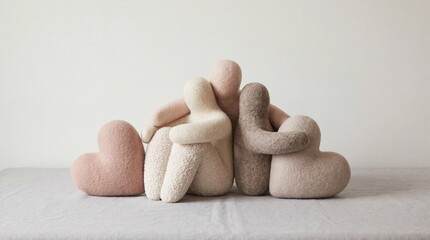 Minimal Felt Figures Hugging in Support Circle with Hearts, Emotional Care Concept