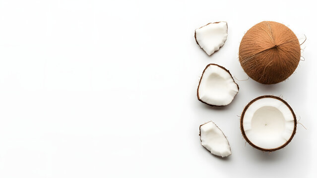 a top down view of a whole coconut and several broken pieces arranged on a clean white background showcasing its texture high quality professional detailed modern