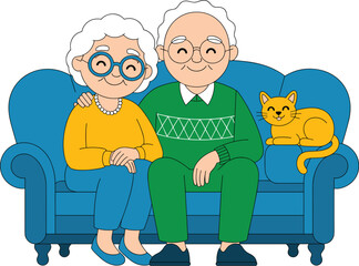 Happy elderly couple sitting together with cat on blue sofa cartoon illustration senior man and woman enjoying retirement lifestyle family support and companionship for grandparents healthcare and ass
