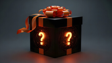 Mystery Box: Unveiling the Enigma, an intriguing composition showcases a mysterious, wrapped gift box, adorned with a vibrant ribbon, and featuring question marks on its face.