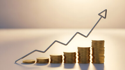 Financial Growth and Success: Illustrates the concept of financial success and growth through stacked coins and an upward trending arrow.