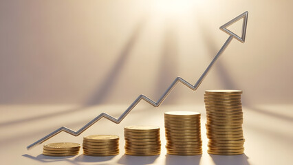 Financial Ascent: Stacks of gold coins steadily rise, a visual representation of growth, progress, and financial success, with an upward-trending arrow.