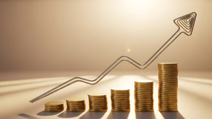 Financial Ascent: Golden coins stacked in ascending order, symbolizing financial growth and prosperity, with a upward arrow graph.