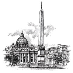 St. peter's basilica and vatican obelisk line art sketch high resolution image