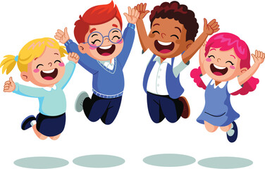 Happy diverse cartoon children jumping with joy illustration celebrating success and achievement in education playful vector graphic for school projects and educational resource cheerful kids enjoying