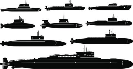 Set of military submarine silhouettes in side view, naval warfare vessels collection, modern underwater fleet vector illustration for defense design © Parvej Creatives