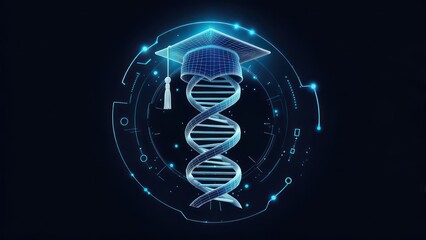 Digital graduation cap atop DNA helix,  surrounded by glowing circuit