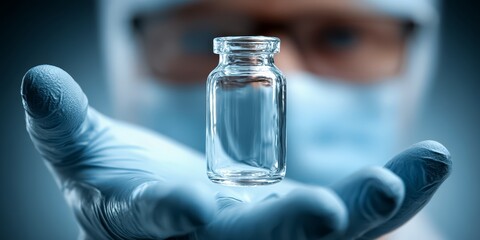 Man wearing a white lab coat is holding a glass vial. The vial is filled with a clear liquid