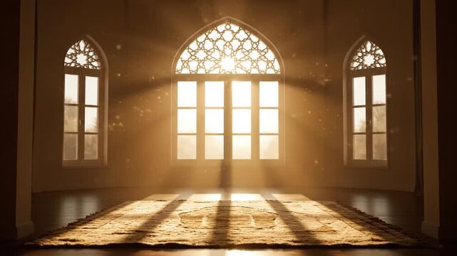 Sunlight streaming through ornate mosque windows onto a prayer rug creating a serene atmosphere