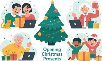 Happy diverse family celebrating Christmas together online with video call on laptops presents and tree happy modern holiday illustration for greeting cards festive social media seasonal connection co