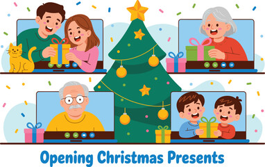 Happy family opening Christmas presents together on a video call virtual celebration with decorated tree grandparents children and cat cartoon illustration for holiday greetings remote connection fest