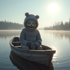Creepy bear costume character sitting alone in a boat on a foggy lake