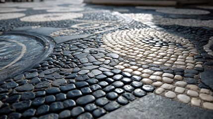 Close-up of a mosaic cobblestone pavement. Abstract pattern of stone