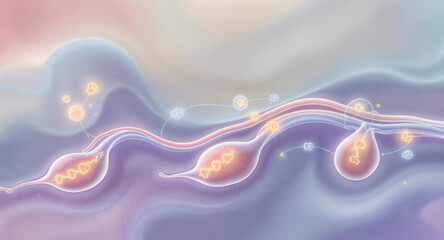 Abstract pastel illustration features glowing DNA strands, molecular structures, and fluid shapes, evoking sense of scientific discovery and futuristic biotechnology in dreamy, soft color palette