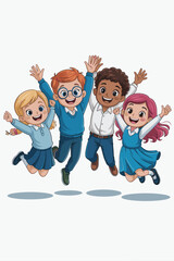 Diverse group of cartoon children jumping happily together in the air illustration for elementary school education projects and childhood development materials promoting friendship and unity in vibran