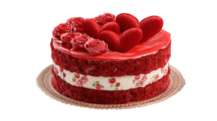 Tempting red velvet cake topped with red hearts and roses elegantly displayed on golden platter set against transparent backdrop