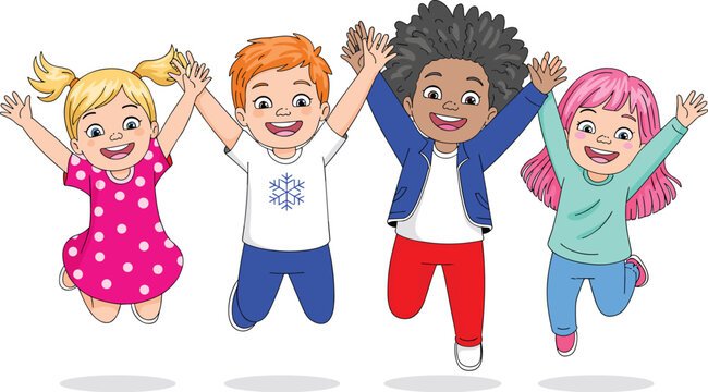 Happy diverse cartoon kids jumping together cheerfully illustration vector graphic smiling children with various hair colors in playful energetic mood for school educational materials celebrating frie