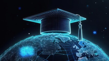 Digital graduation cap on a connected globe