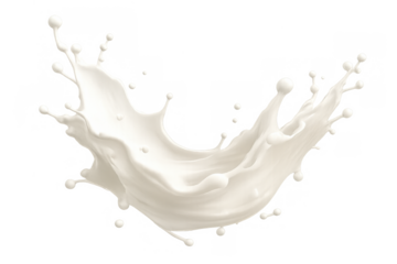 Milk splash forming a dynamic wave with flying droplets, symbolizing freshness and natural dairy. Isolated white liquid