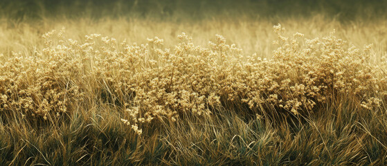 A golden field with swaying grasses and delicate flowers bathed in sunlight conveys the tranquillity of nature, making it a perfect natural backdrop for advertising ecotourism or natural cosmetics.