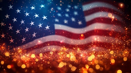 The American flag with sparkling stars and bright flashes of fireworks symbolises festive celebrations, making it a perfect backdrop for patriotic events or advertising holiday promotions.