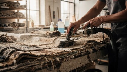 Medium shot of skilled technician using mechanical tools to clean reclaimed textile surfaces prepping recycledfiber fabric for sustainable refinishing.