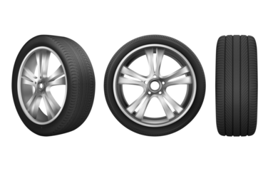 A sporty car wheel with a polished aluminum alloy rim and a performance tire, showcasing modern automotive design, isolated on a transparent background.