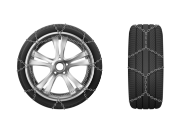 Car tire with metal snow chains for winter driving conditions, providing traction on icy roads, isolated on a transparent background for automotive graphics.