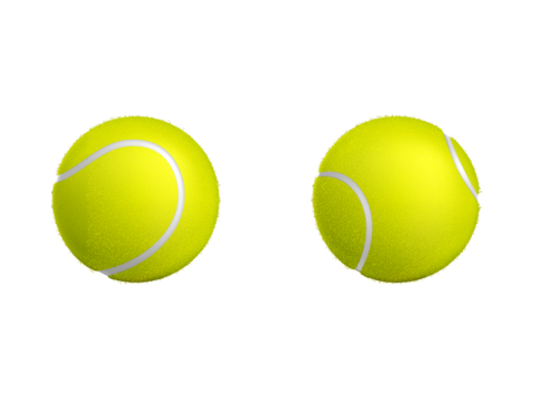 Two bright yellow tennis balls with white lines, representing sports equipment, isolated on a transparent background for easy integration into designs. - Powered by Adobe