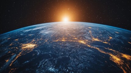 The Earth, illuminated by the sun from space, with clear boundaries between land and oceans, emphasises the fragility of the planet, which is  