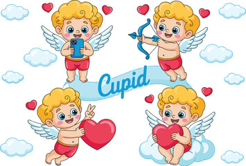 Cartoon Cupid Characters with Bow Arrows Hearts and Smartphone for Valentines Day Celebration Cheerful Winged Angel Babies Sending Love Messages Romantic Holiday Greeting Card Design Concept Illustrat