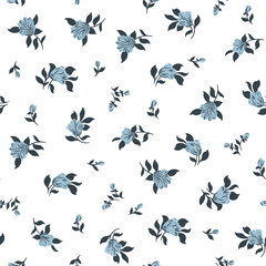 Obraz premium Hand drawn blue tulips seamless pattern vector floral style spring summer flower. Botanical illustration for decor, textile, print, fabric, home, woman. Field wield flower bouquet. Easter vibe