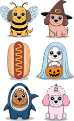 Adorable Cartoon Dogs Dressed Up in Halloween Costumes Collection Illustration of Cute Puppy Characters in Bee Witch Ghost Shark and Unicorn Outfits for Kids Party Invitations Festive Decoration and H