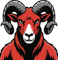 Vibrant red ram with curved horns and intense gaze