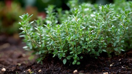 Obraz premium Close-up of lush, green thyme plant growing in rich, dark soil, with blurred background