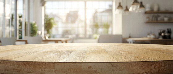 A light wooden table against the backdrop of a blurred, cosy café creates a warm atmosphere — a versatile backdrop for culinary articles or furniture advertisements.