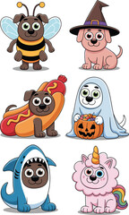 Cute cartoon dogs wearing halloween costumes funny animal illustrations set of dog characters dressed as bee witch hotdog ghost shark unicorn for holiday themed childrens book graphics party invitatio