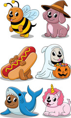 Cute Cartoon Dogs in Halloween Costumes: Bee, Witch, Hotdog, Ghost, Shark, Unicorn. Funny Puppies Dressed Up for Trick or Treat. Adorable Pets Celebrating Halloween. Party, Festive, Animal Illustratio